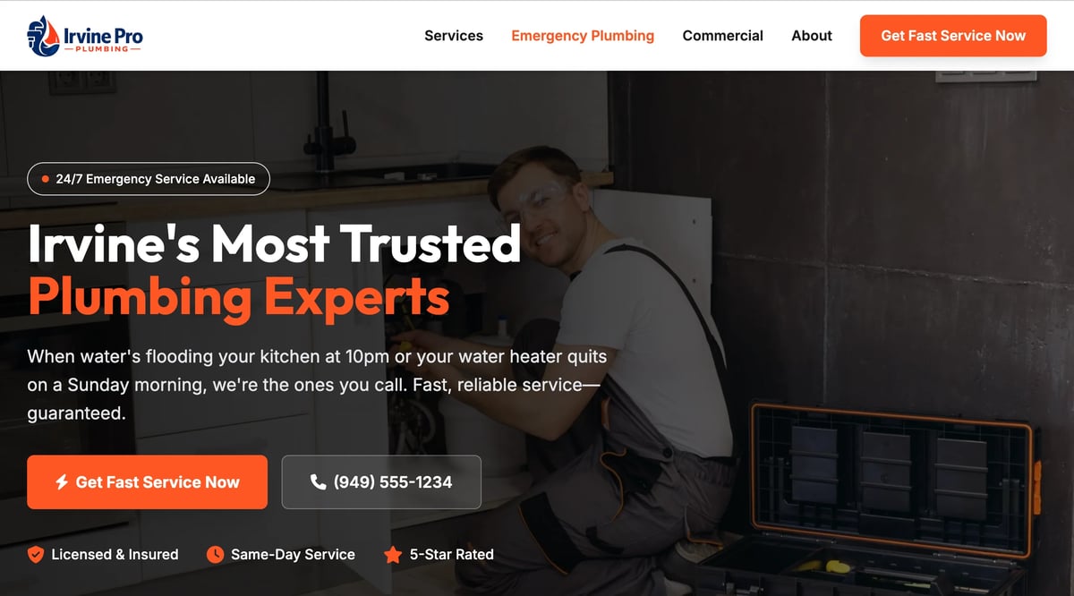 Irvine Pro plumbing website showing a technician at work with text about trusted plumbing experts and emergency service availability