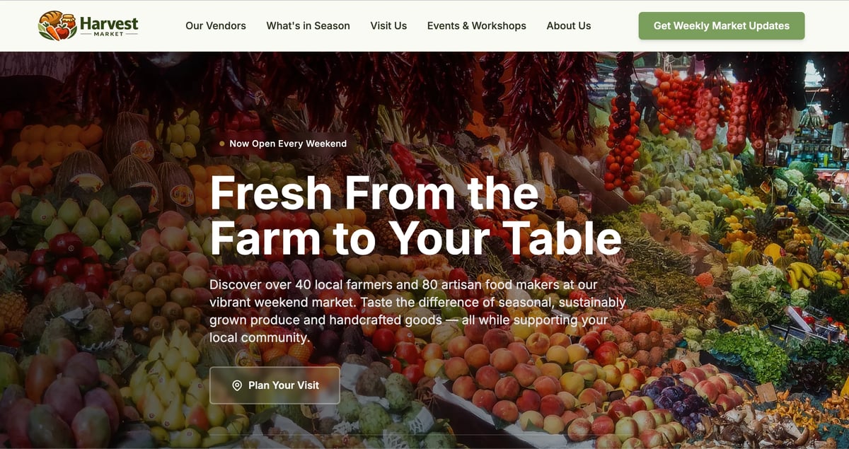 Farmers market display with colorful fresh produce including vegetables and flowers