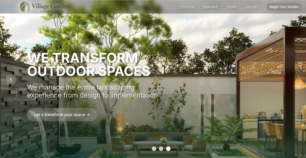 Modern backyard garden with contemporary outdoor patio, wooden screen panels, and lush green plants