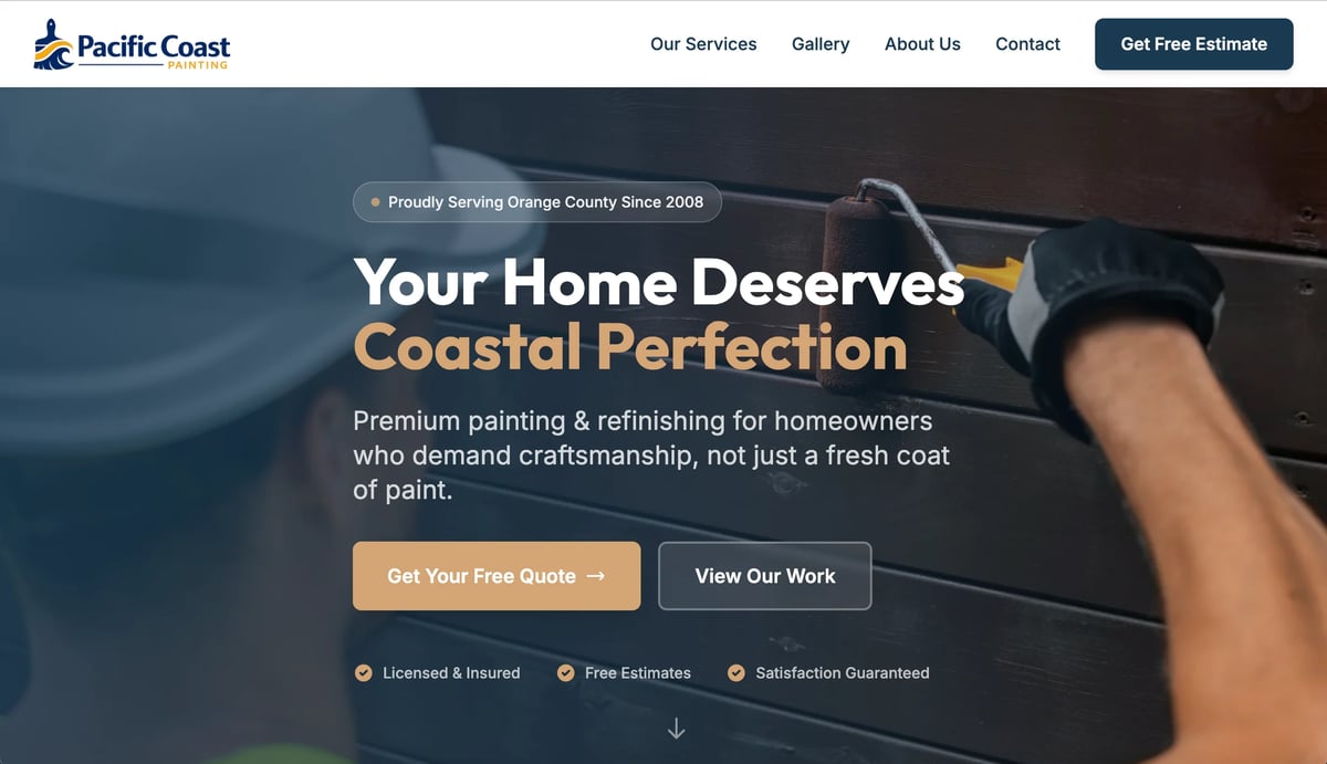 Painter spraying exterior wall with text Your Home Deserves Coastal Perfection promoting premium painting services