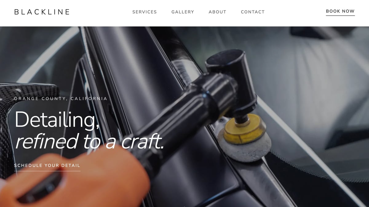 Professional car detailing service using polishing machine on vehicle surface with tagline Detailing, refined to a craft